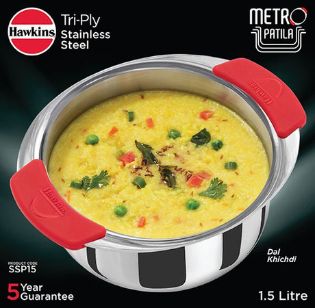 Hawkins Metro Patila Tri-Ply Stainless Steel Induction Safe With Silicone Grips 1.5 Litre (SSP15)