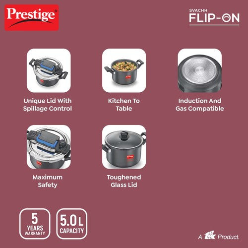 Prestige Svachh Flip-on Hard Anodised Gas and Induction Compatible Pressure Cooker with Glass Lid, 5 Litre (Black) 20161