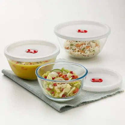 Mixing Bowl w White Lid Set of 3 Oven, Micro, Fridge Safe 500 ml + 900 ml + 1.3L