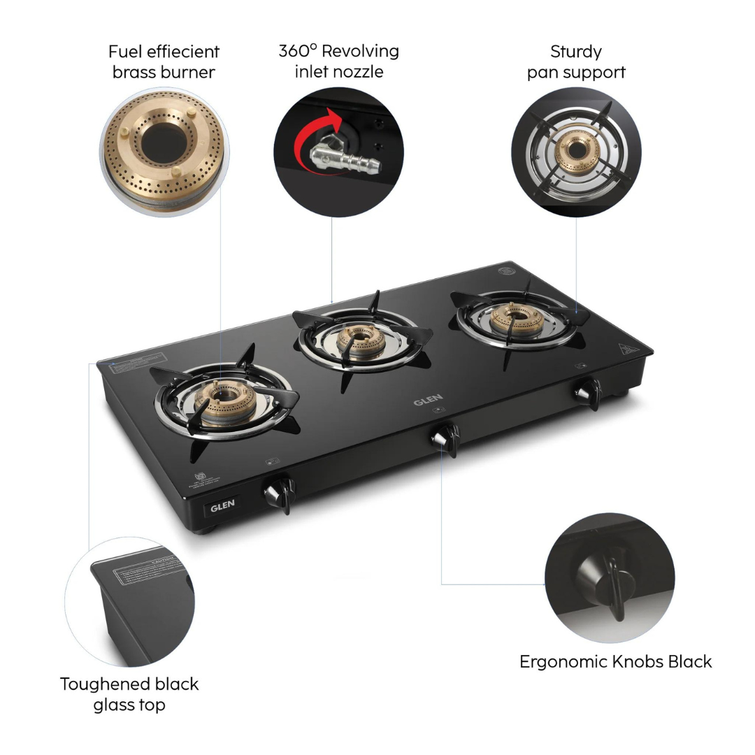 Glen CT 1030 GT Brass Burner Black 3 Burner Glass