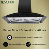 Faber Aura Direct Drive BF AC SC BK 90cm Auto Clean Wall Mounted Chimney Baffle Filter Black Tempered Glass 3 Speed Gesture