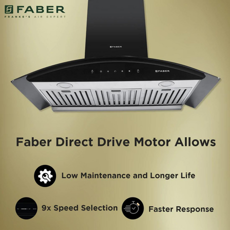 Faber Aura Direct Drive BF AC SC BK 90cm Auto Clean Wall Mounted Chimney Baffle Filter Black Tempered Glass 3 Speed Gesture