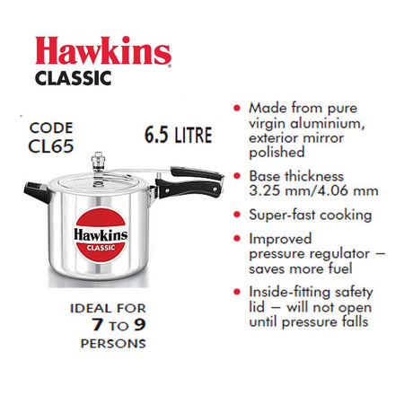 HAWKINS CLASSIC ALUMINUM PRESSURE COOKERS 6.5 LITRE: CL65
