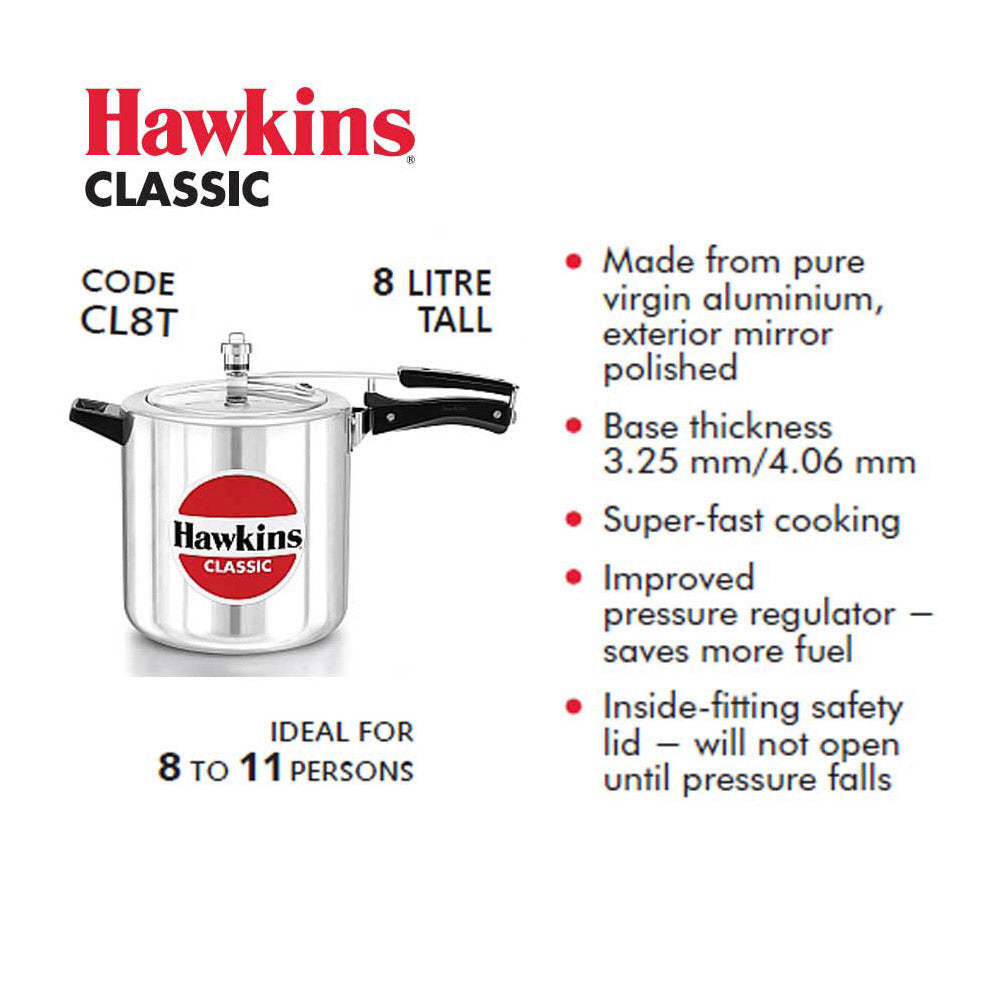 HAWKINS 8 LITRE CLASSIC ALUMINUM PRESSURE COOKERS : CL8T