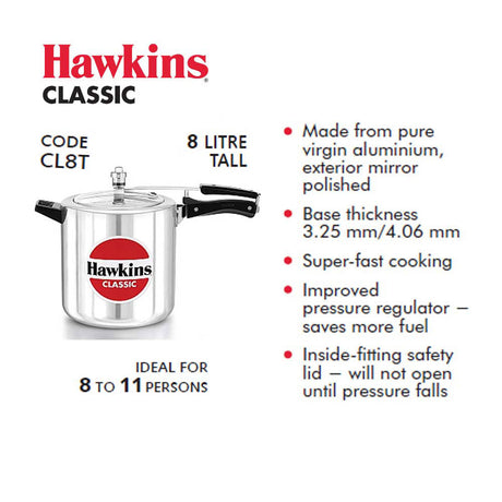 HAWKINS 8 LITRE CLASSIC ALUMINUM PRESSURE COOKERS : CL8T