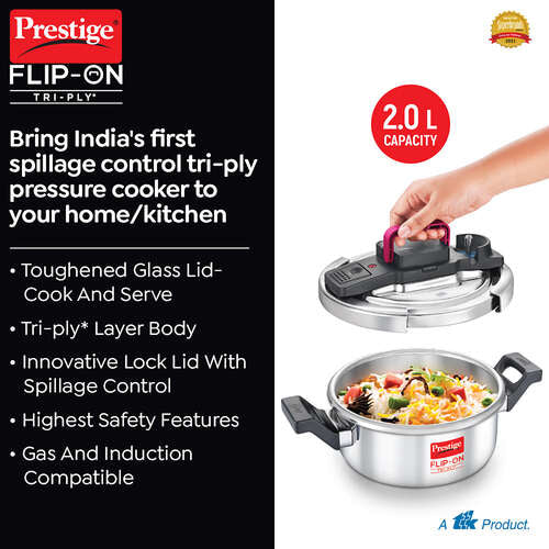 FLIP-ON TRI-PLY STAINLESS STEEL PRESSURE COOKER 2 L 180m WITH GLASS LID 20710