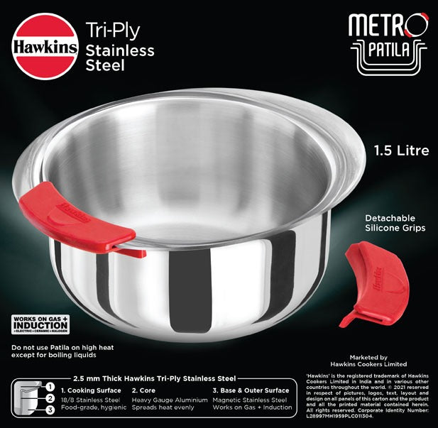 Hawkins Metro Patila Tri-Ply Stainless Steel Induction Safe With Silicone Grips 1.5 Litre (SSP15)