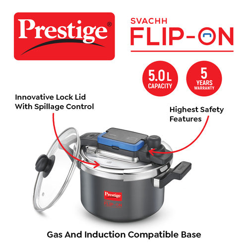 Prestige Svachh Flip-on Hard Anodised Gas and Induction Compatible Pressure Cooker with Glass Lid, 5 Litre (Black) 20161