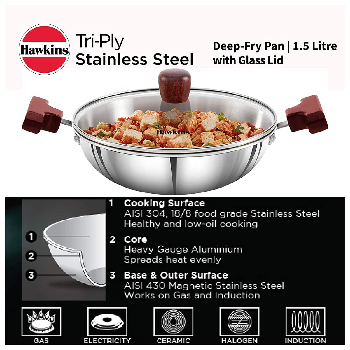 HAWKINS TRI-PLY STAINLESS STEEL DEEP FRY PAN WITH LID 1.5 LITRE