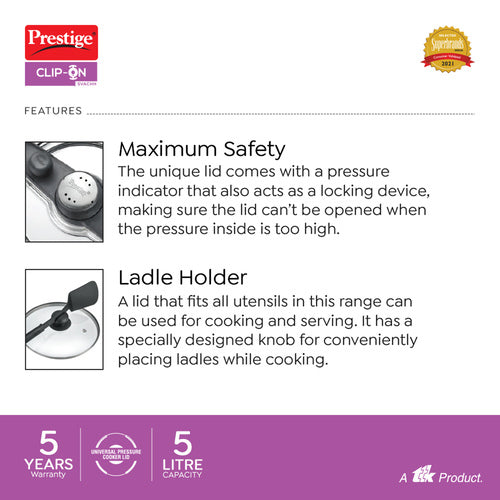 Prestige Clip-on Svachh Stainless Steel Spillage Control Pressure Cooker with Glass Lid, 5 L (Silver) 20230