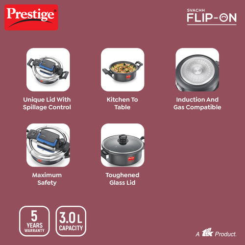 Prestige Svachh Flip-on Hard Anodised Gas and Induction Compatible Pressure Cooker with Glass Lid, 3 Litre (Black) 20160