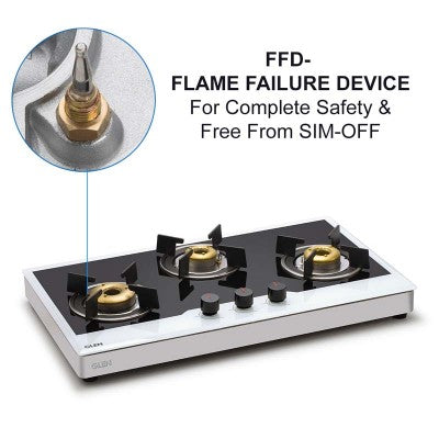 Glen 1073 FB BW AI FFD 3 Forged Brass Burner Glass Gas Hob Free Standing (Flame Failure Device)