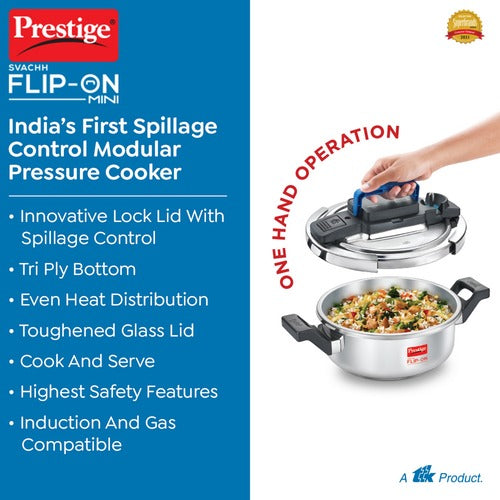 Prestige Svachh Flip-on Mini Stainless Steel Spillage Control Pressure Cooker with Glass Lid, 2 Litre (Silver) 20164