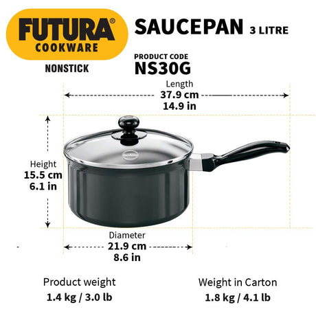 HAWKINS FUTURA 3 L NON-STICK ALUMINIUM SAUCE PAN WITH GLASS LID 20 CM : NS30G