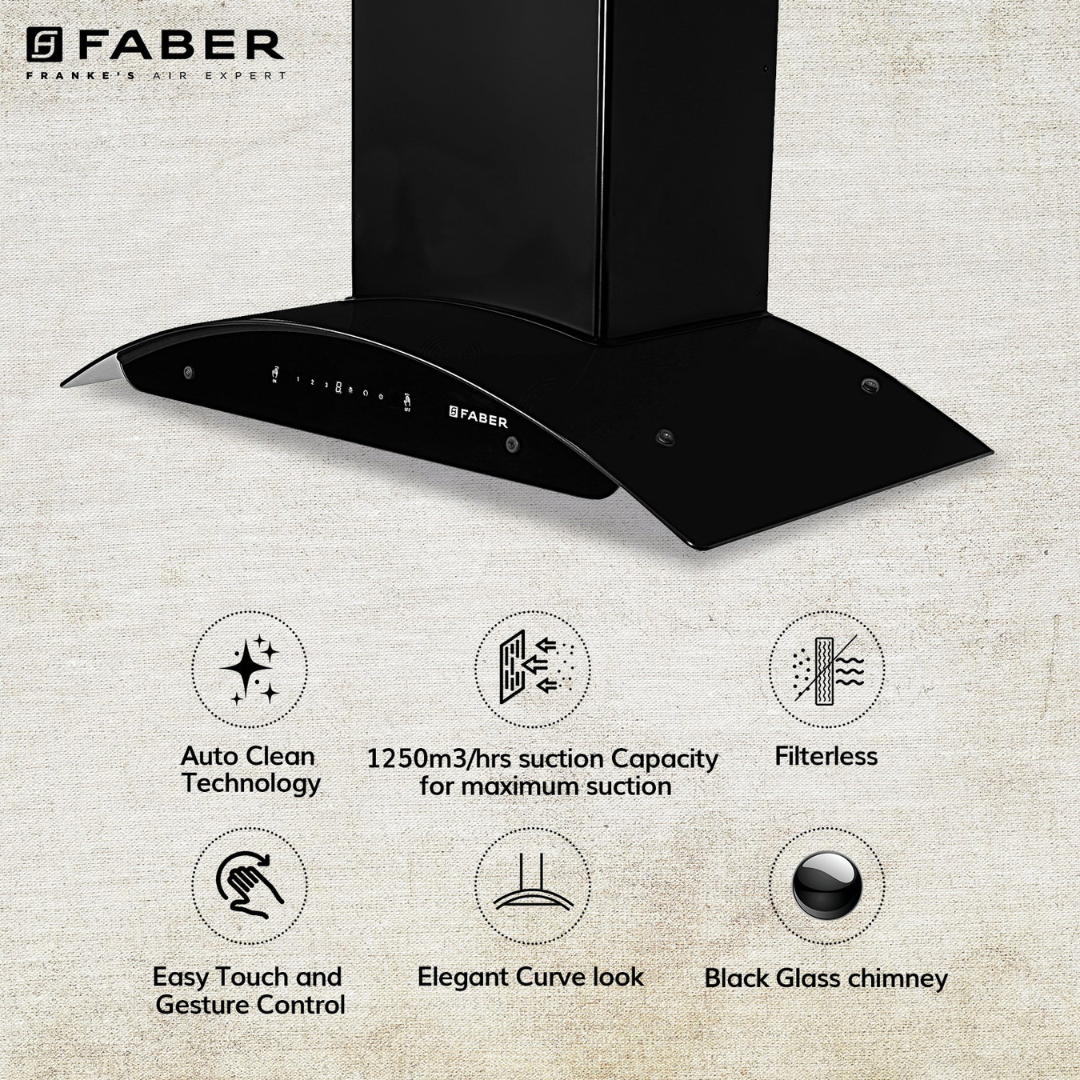 Faber CREST PLUS IND HC SC BK 90 1225m3/hr Auto Clean Wall Mounted Chimney Filterless technology Gesture + Touch Black Glass + Black Powder Coated
