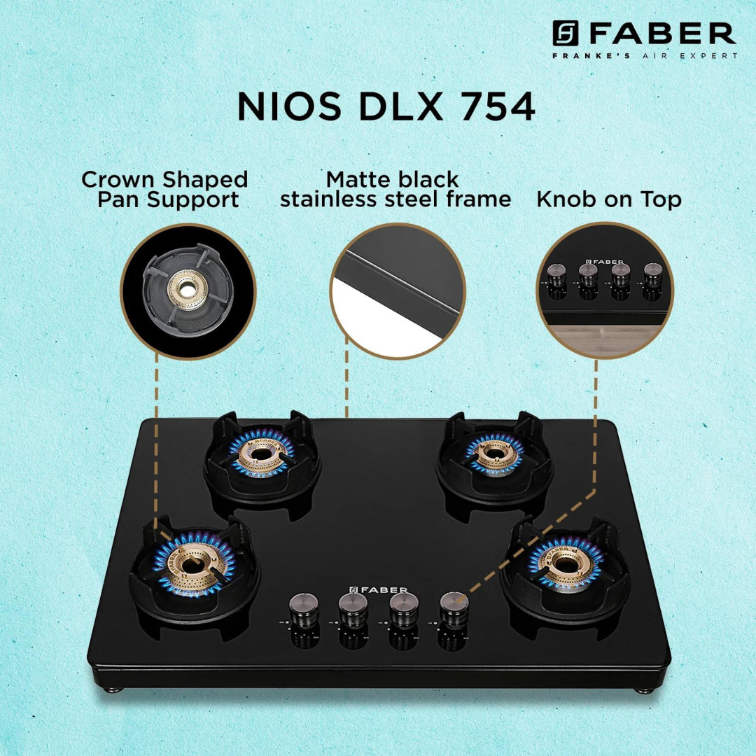 
Faber NiOS DLX 754 BB BK Glass Cooktop with Manual Gas Stove MS POWDER COATED Finish (4 Burners)