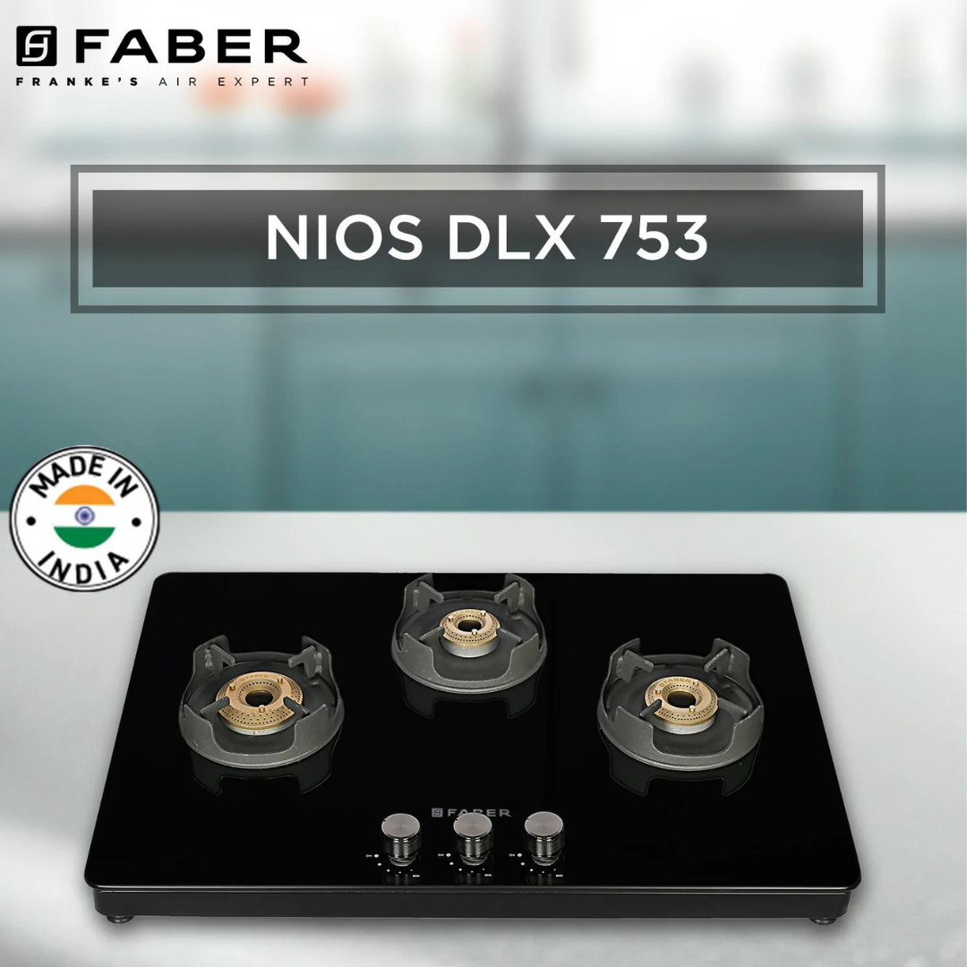 Faber NiOS DLX 753 BB BK Glass Cooktop with Manual Gas Stove MS POWDER COATED Finish (3 Burners)