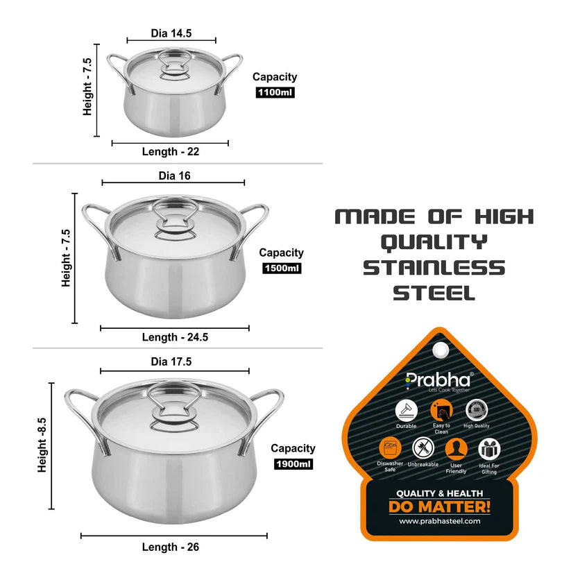 Apple Handi Plain With Steel Lid Set 3 Pcs (1.1Ltr / 1.5Ltr / 1.9Ltr)