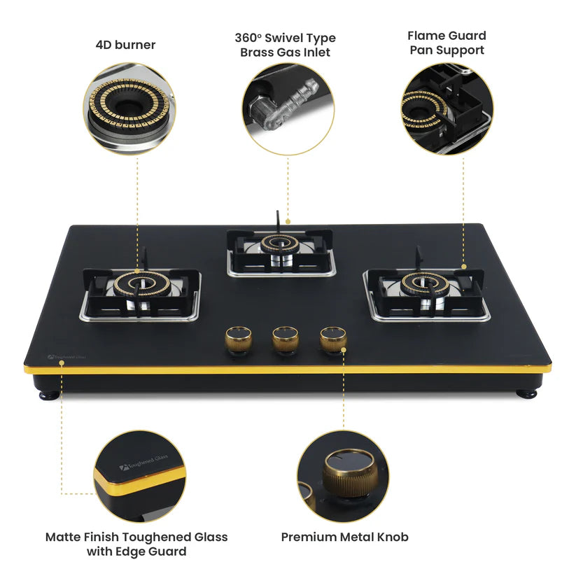 Shine Gold Three Burner Gas Stove/Hob Top Auto Ignition