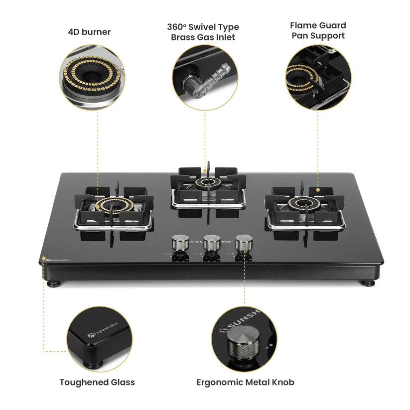 Shine Three Burner Gas Stove/Hob Top Auto Ignition