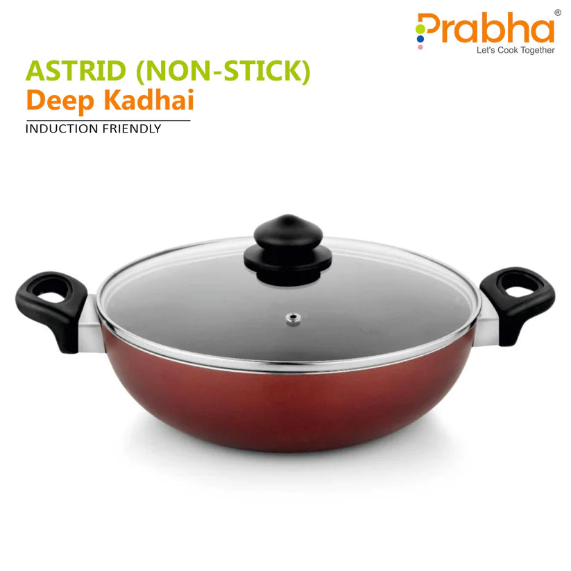 Astrid Nonstick Deep Kadhai With Glass Lid 2L, 22cm