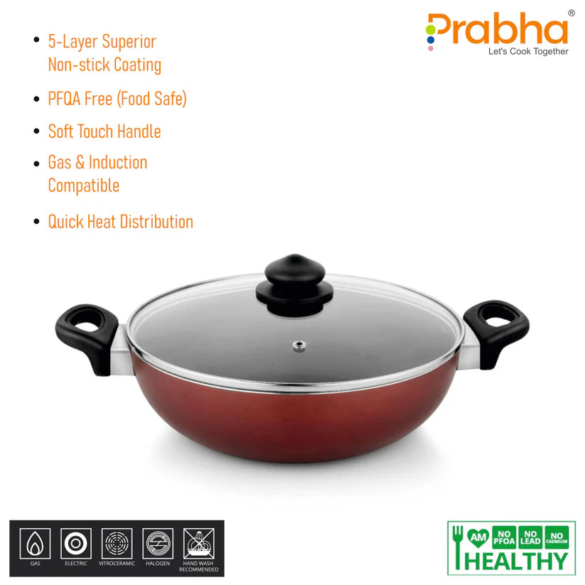 Astrid Nonstick Deep Kadhai With Glass Lid 2L, 22cm