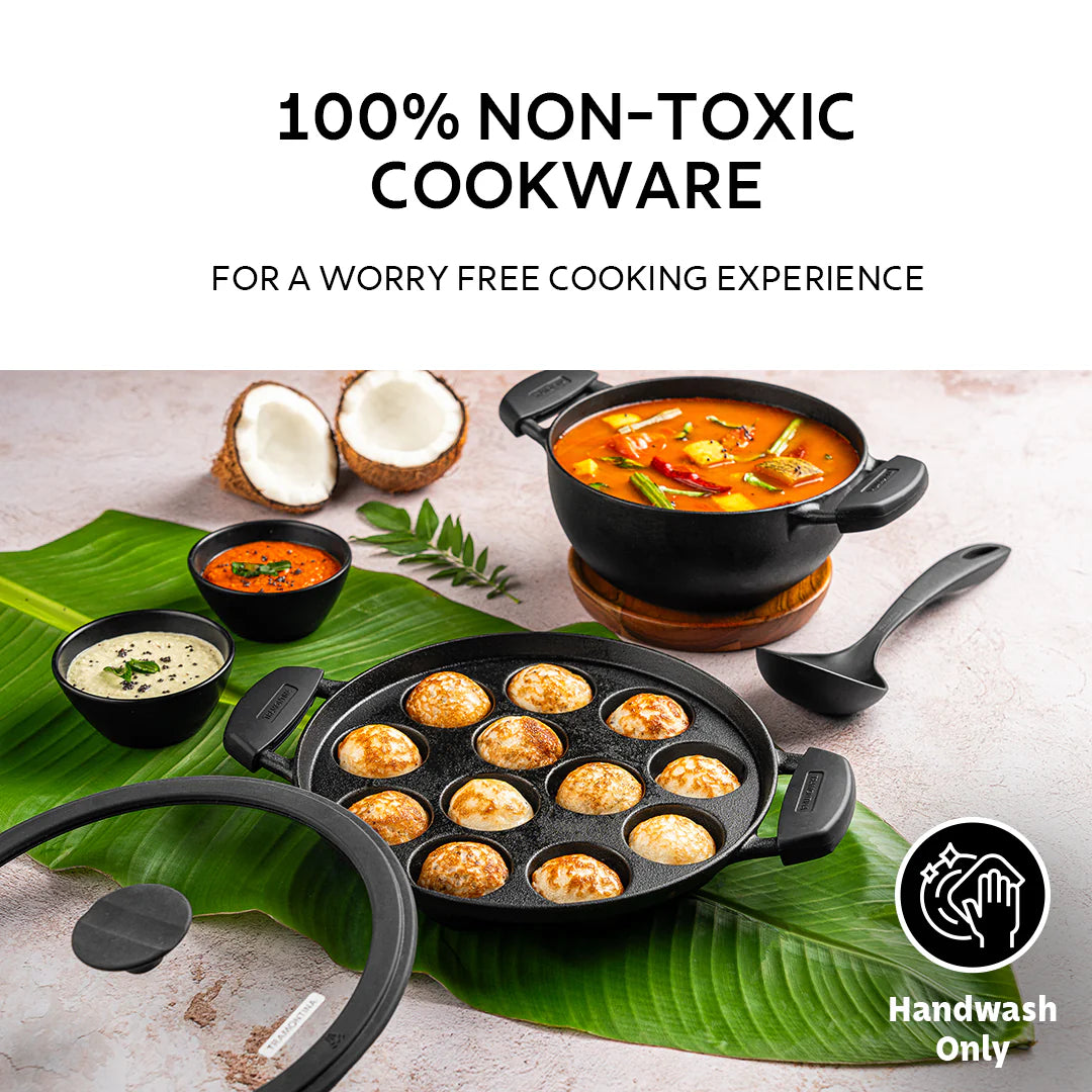 Tramontina Titanex 26 cm Pre-Seasoned Cast Iron Paniyaram/Appe Pan – 12 Pits