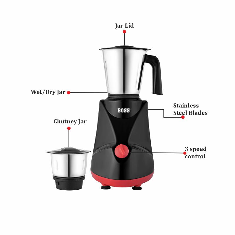 BOSS Comfort Plus 500W Mixer Grinder with Powerful Motor, 3 SS Jars