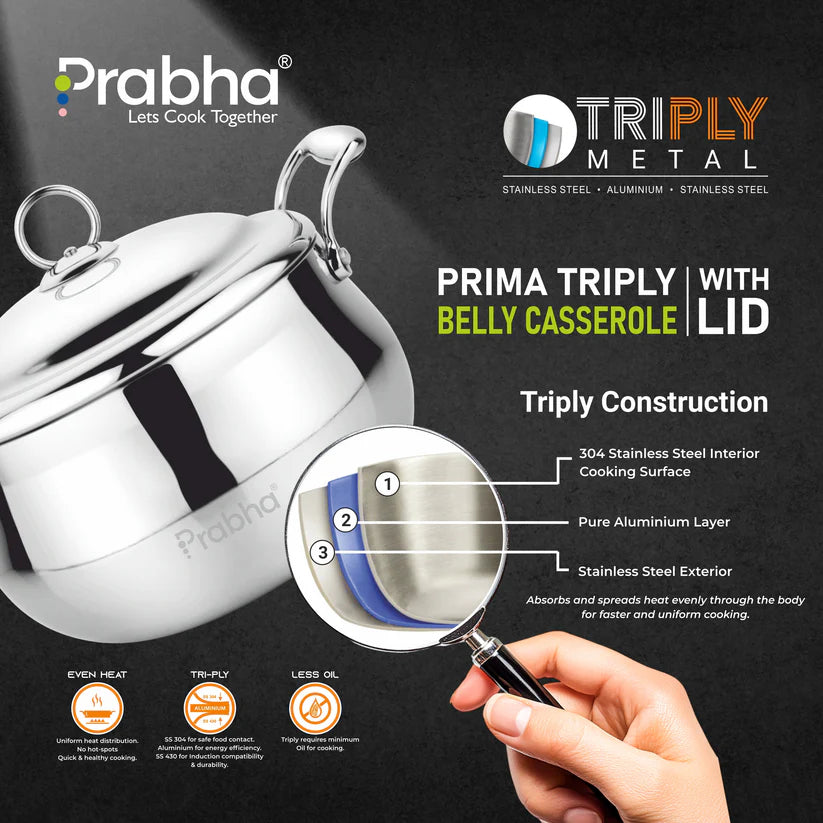 Prima Triply Belly Casserole With Lid – 4.8L, 22cm