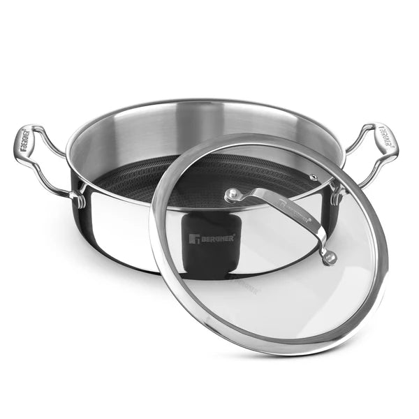 Hitech Tri-Ply Stainless Steel Non-Stick Cook & Serve 28 cm Pan (5.7 L) Cooking Pot with Glass Lid, PFOA-free, ILag Coating - Induction Bottom 28 cm / 5.7 L BG-31166-MM