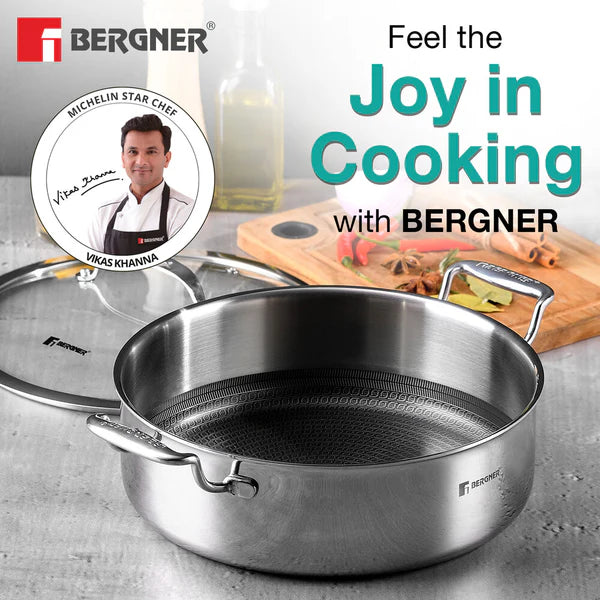 Hitech Tri-Ply Stainless Steel Non-Stick Cook & Serve 28 cm Pan (5.7 L) Cooking Pot with Glass Lid, PFOA-free, ILag Coating - Induction Bottom 28 cm / 5.7 L BG-31166-MM