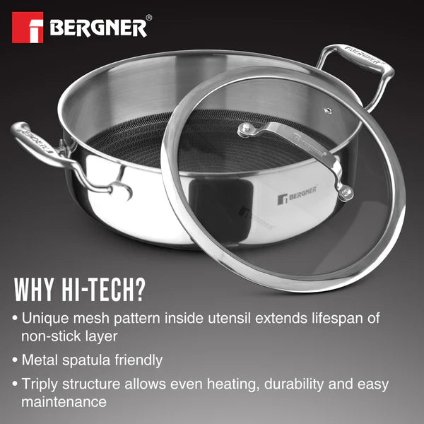 Hitech Tri-Ply Stainless Steel Non-Stick Cook & Sarve Pot with Lid 24cm (3.3 L), PFOA-free, ILag Coating - Induction Bottom 24 cm / 3.3 L BG-31139-MM
