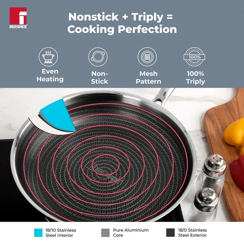 Hitech Tri-Ply Stainless Steel Non-Stick Prism Frypan, 24cm - Induction Bottom - BG-31146-MM