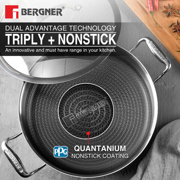 Hitech Tri-Ply Stainless Steel Non-Stick Casserole with Lid, PFOA-free, ILag Coating - Induction Bottom  24 cm / 5.3 L BG-31138-MM