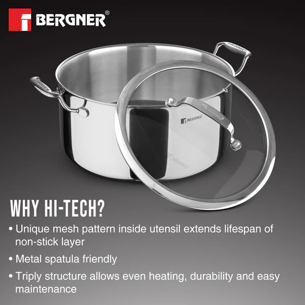 Hitech Tri-Ply Stainless Steel Non-Stick Casserole with Lid, PFOA-free, ILag Coating - Induction Bottom 32 cm / 12.3 L BG-31137-MM