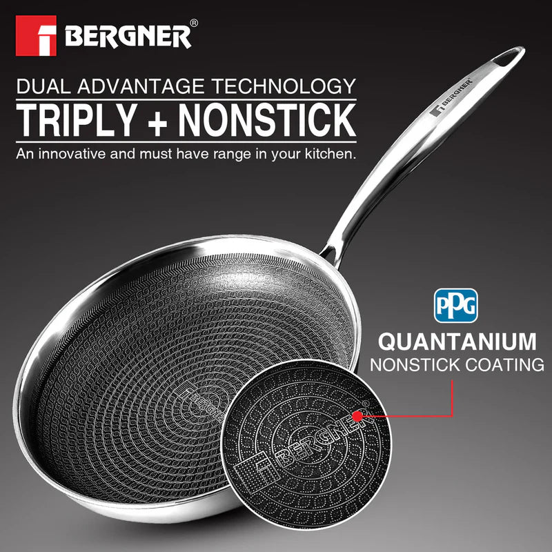 Hitech Tri-Ply Stainless Steel Non-Stick Frypan with Lid, 22 cm, PFOA-free, ILag Coating, Induction Bottom-  BG-31144-MM
