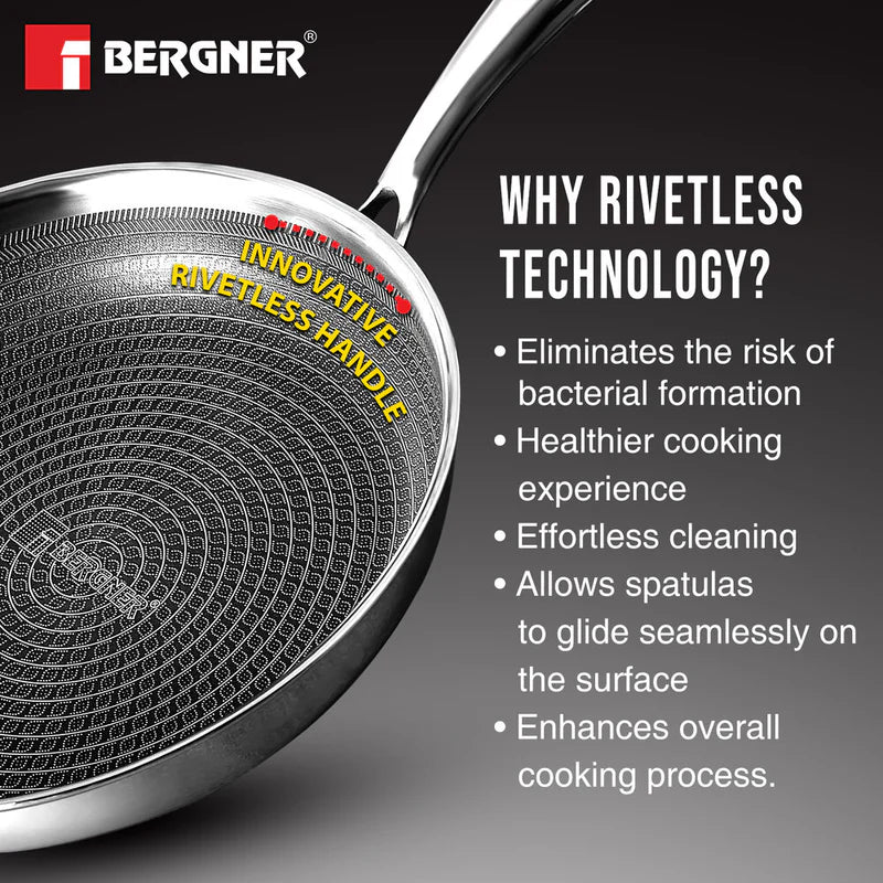 Hitech Tri-Ply Stainless Steel Non-Stick Frypan with Lid, 22 cm, PFOA-free, ILag Coating, Induction Bottom-  BG-31144-MM