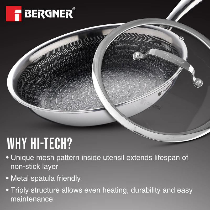 Hitech Tri-Ply Stainless Steel Non-Stick Frypan with Lid, 22 cm, PFOA-free, ILag Coating, Induction Bottom-  BG-31144-MM