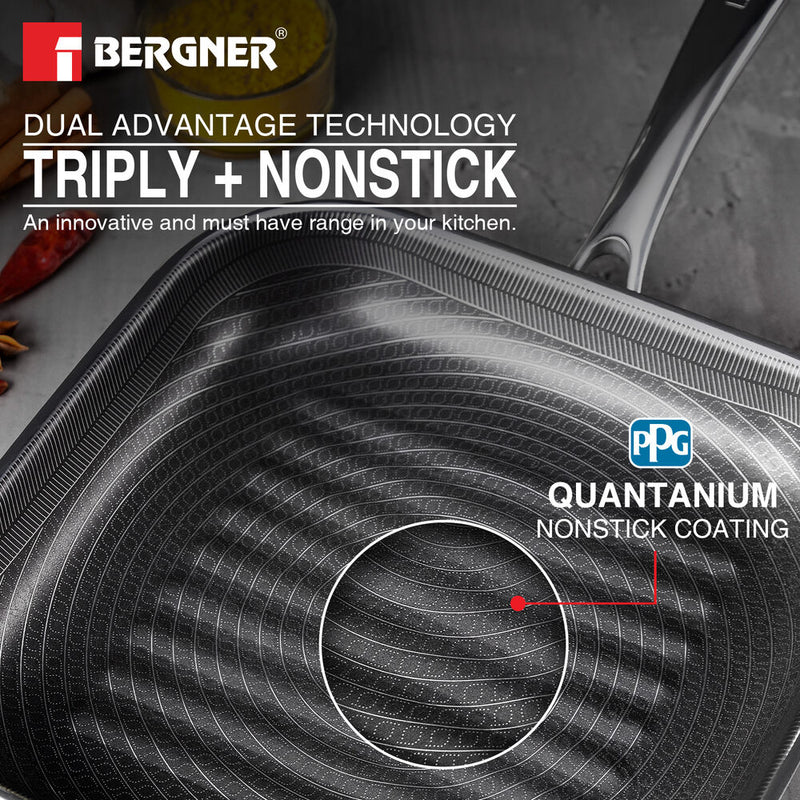 Tri-Ply Hi-Tech Giro Stainless Steel Non-Stick 24cm Grill Pan with Non-Stick Coating, Metal Spoon Friendly - Induction Bottom -BG-33964-MM