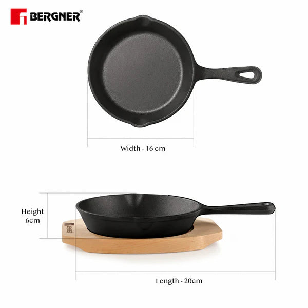 Cook & Share 15 cm (400ml) Cast Iron Mini Frypan, Comes with Wooden Tray, Induction Bottom BG-34210-BK