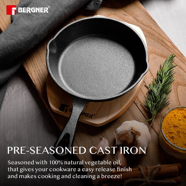 Cook & Share 15 cm (400ml) Cast Iron Mini Frypan, Comes with Wooden Tray, Induction Bottom BG-34210-BK