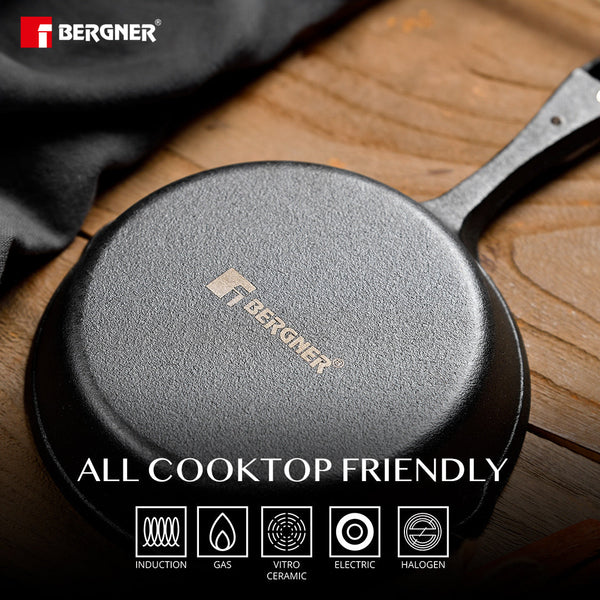 Cook & Share 15 cm (400ml) Cast Iron Mini Frypan, Comes with Wooden Tray, Induction Bottom BG-34210-BK