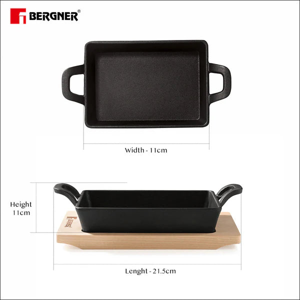 Cook & Share Cast Iron Mini Frypan, Comes with Wooden Tray - Induction Bottom  BG-34213-BK