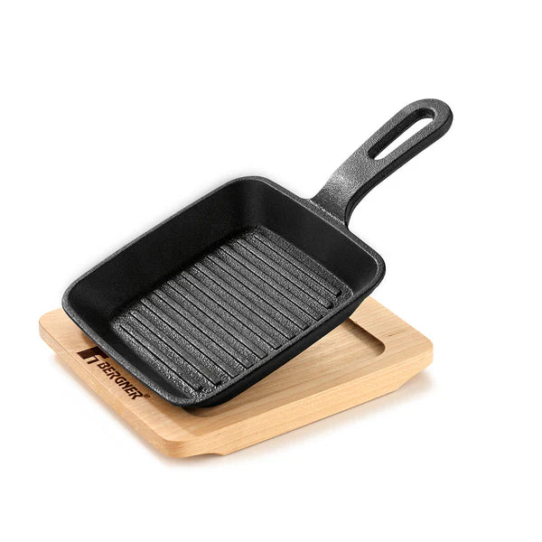 Cook & Share 13cm (240ml) Cast Iron Mini Pan, Comes with Wooden Tray - Induction Bottom  BG-34215-BK