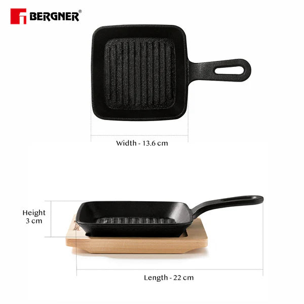 Cook & Share 13cm (240ml) Cast Iron Mini Pan, Comes with Wooden Tray - Induction Bottom  BG-34215-BK