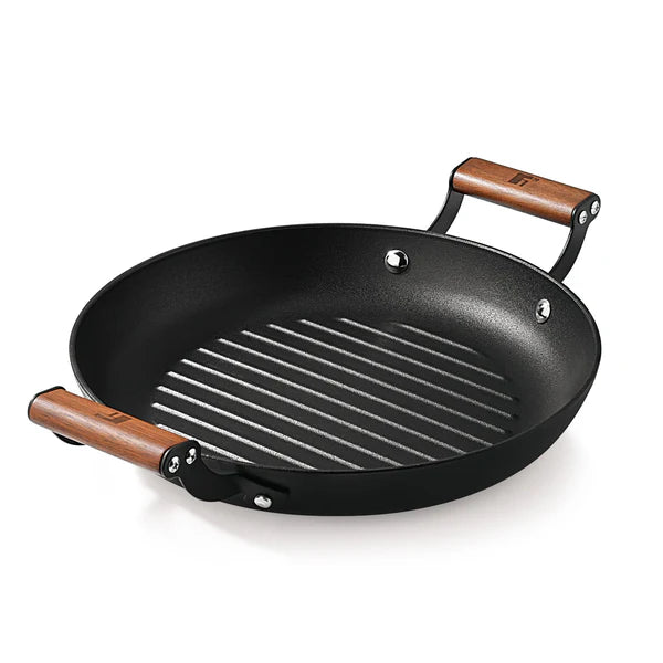 Odin 28 cm Lightweight Iron Grill Plate with Wooden Coated Handle - Induction Bottom BG-34438-BK