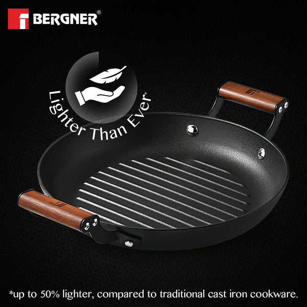 Odin 28 cm Lightweight Iron Grill Plate with Wooden Coated Handle - Induction Bottom BG-34438-BK