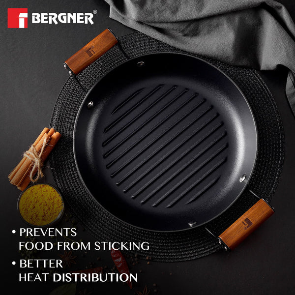 Odin 28 cm Lightweight Iron Grill Plate with Wooden Coated Handle - Induction Bottom BG-34438-BK