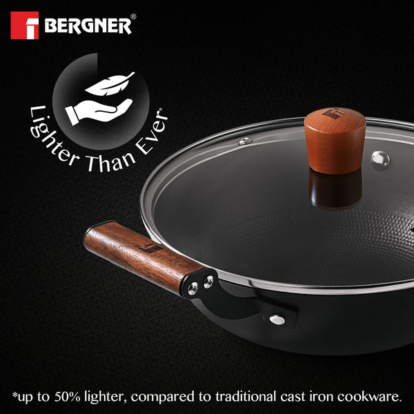 Odin Lightweight Iron Kadai with Glass Lid, Enamel Finish - Induction Bottom BG-34442-BK