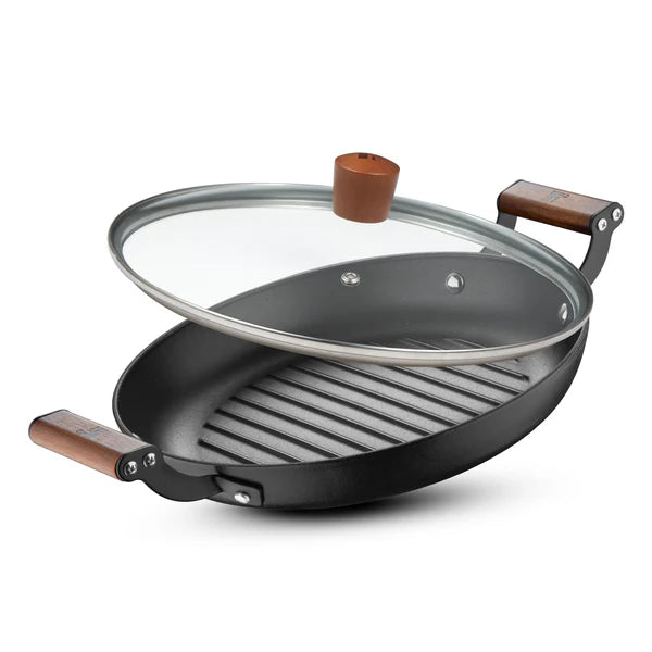 Odin Lightweight Iron 28cm Grill Pan with Glass Lid, Enamel Finish - Induction Bottom BG-34447-BK